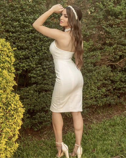 Retro Knee Length Wedding Satin Dress Lace Halter