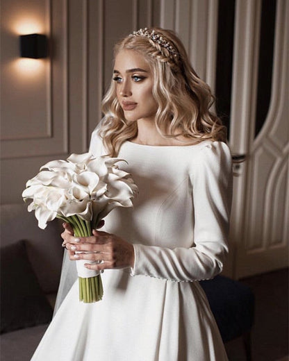 Vintage Wedding Gowns Satin Long Sleeves Bridal Dress