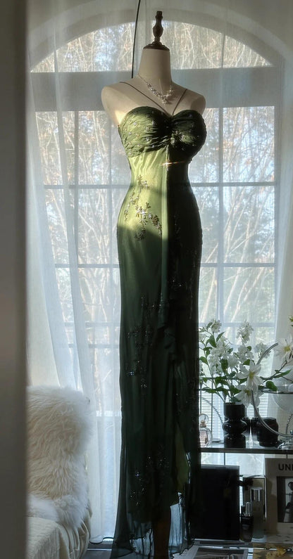 Vintage💚 Forest Green Prom Dress for Party&Quinceanera-Elegant Spaghetti Straps Glitter Beaded Evening Gown ED01717