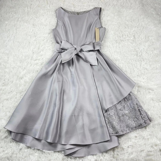 Gentle Elegant Style Satin & Lace Paneled Asymmetrical Knee-Length Bow-Waist Sleeveless Gown - Slim Dress for Bridesmaid, Date & Small Dinner Events gh6491