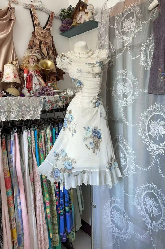 Vintage Pastoral Style Printed Tulle Knee-Length Pearl Embellished Short-Sleeve Waist-Cinched Gown - Elegant Dress for Afternoon Tea, Date & Small Party Events gh6493