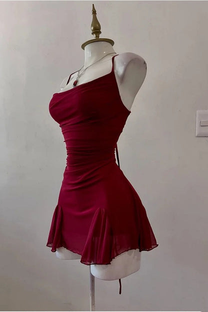 Glam Burgundy Style Spaghetti Strap Mini Dress | Cross Open-Back Ruched Mermaid Skirt for Party Date Luxury Outfit gh6442