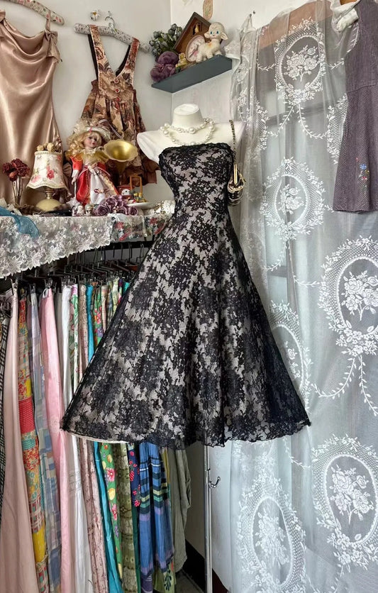 Vintage Elegant Black Lace Strapless Dress | Gradient Jacquard Puff Midi Dress, Gala Date Gift Outfit for Girls gh6445