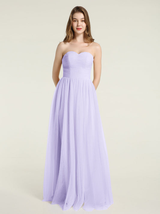 Strapless Sweetheart Long Tulle Bridesmaid Dresses-Lilac