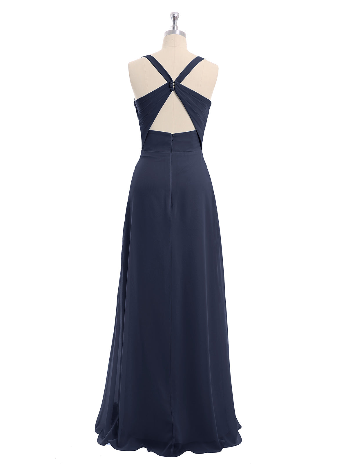 V-neck Chiffon Bridesmaid Dress with Open Back Dark Navy Plus Size
