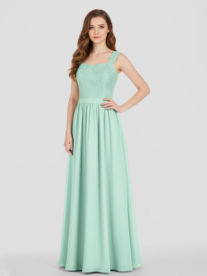 Shoulder Strap Lace AND CHIFFON Long Dress-Mint Green