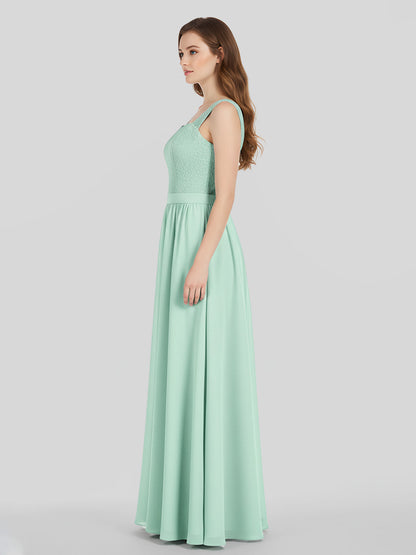 Shoulder Strap Lace AND CHIFFON Long Dress-Mint Green