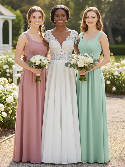 Shoulder Strap Lace AND CHIFFON Long Dress-Mint Green