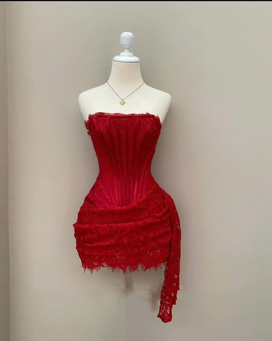 Cute Sheath Strapless Red Summer Lace Homecoming Dress Hoco Dress Mini 18th Birthday Outfit Cocktail Dresses W0337