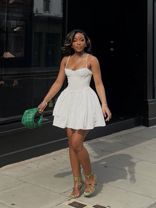 Cute Ball Gown Straps White Summer Short Homecoming Dress Hoco Dress Mini 18th Birthday Outfit Cocktail Dresses W0339