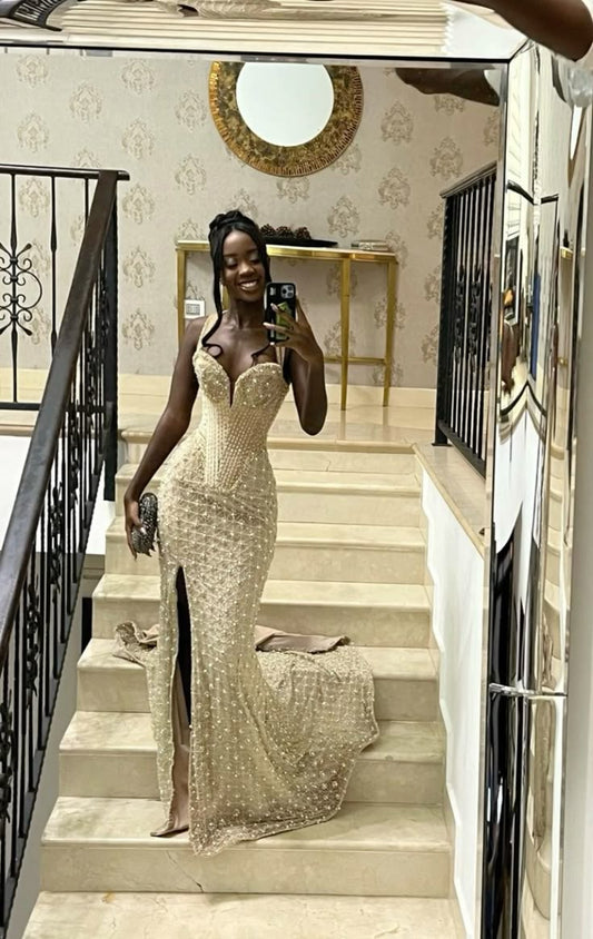 Modest Mermaid Sweetheart Champagne Slit Formal Gown 20th Birthday Dress Prom Dresses Black Girl 18th Birthday Outfits W0410
