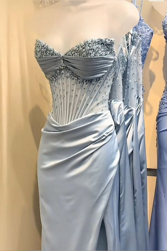 Vintage Mermaid Sweetheart Light Sky blue Satin Sleeveless Long Prom Dresses Party Dress Split Birthday Outfits Graduation Dresses W0436