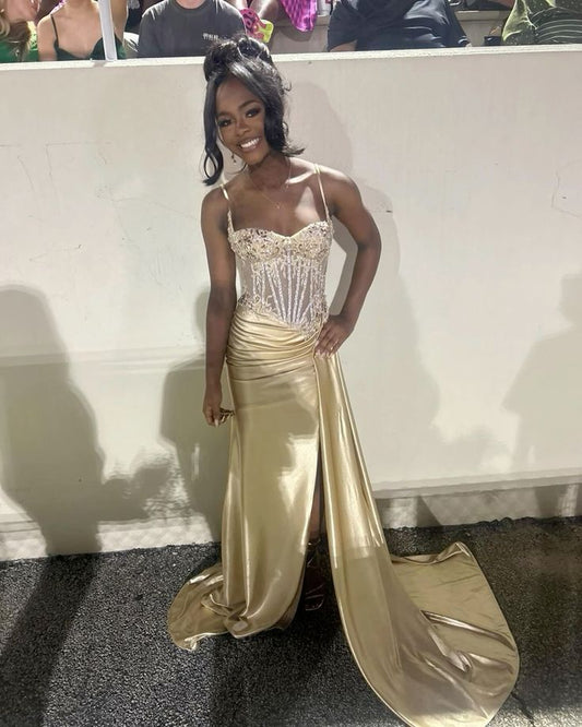 Sexy Mermaid Spaghetti Straps Champagne Sleeveless Prom Dresses Party Dress Summer Black Girls Birthday Outfits Birthday Dresses W0508