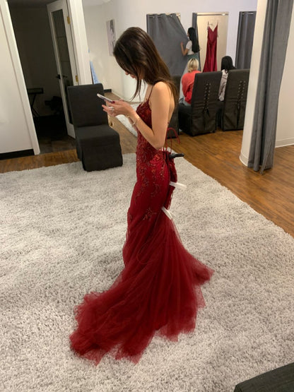 Classy Mermaid Straps Red Tulle Backless Long Prom Dresses Party Dress Birthday Outfits Graduation Dresses W0513