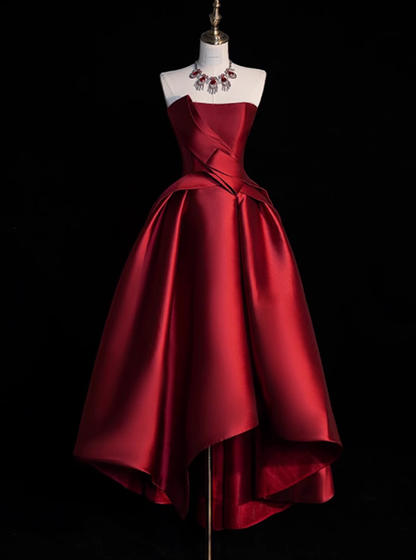 Modest Ball Gown Strapless Burgundy Satin Formal Gown 20th Birthday Dress Prom Dresses 18th Birthday Outfits W0729