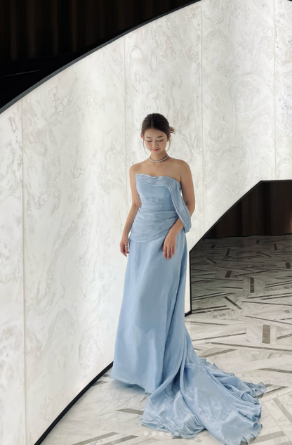 Sexy Mermaid Strapless Light Sky Blue Satin Prom Dresses Party Dress Summer 20th Birthday Outfits Birthday Dresses W0789
