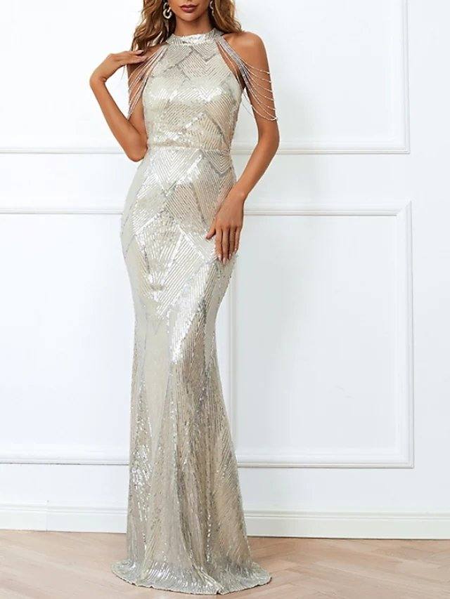 Sheath / Column Luxurious Sexy Party Wear Formal Evening Dress Halter Neck Sleeveless Floor Length Sequined Cotton with Sequin Tassel - RongMoon