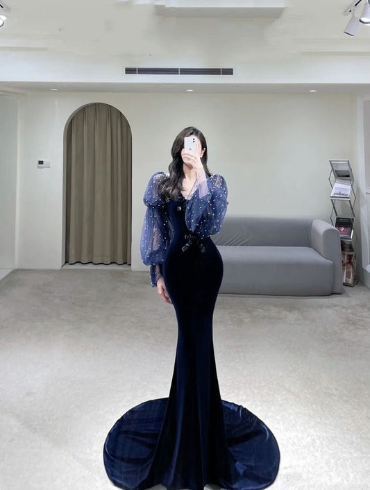 Elegant Mermaid Navy Blue V Neck Velvet Long Prom Dresses Party Dress Summer 20th Birthday Outfits 18th Birthday Dresses W1012