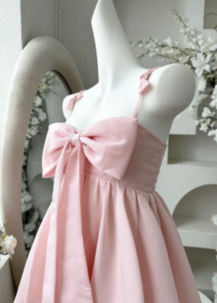 Vintage A line Spaghetti Straps Pink Satin Bow-knot Short Mini Formal 8th Grade Homecoming Dresses Summer Middle School Hoco Dress Birthday Outfits W1188