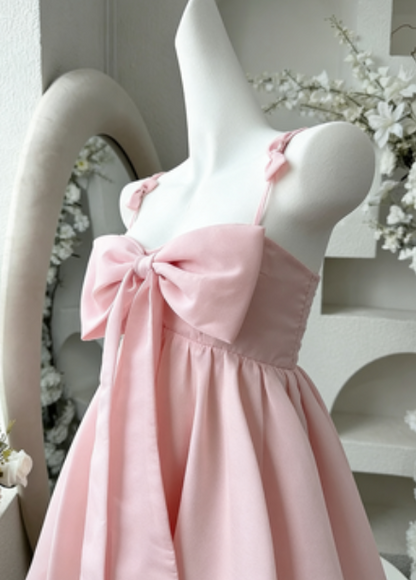 Vintage A line Spaghetti Straps Pink Satin Bow-knot Short Mini Formal 8th Grade Homecoming Dresses Summer Middle School Hoco Dress Birthday Outfits W1188