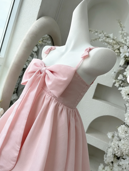 Vintage A line Spaghetti Straps Pink Satin Bow-knot Short Mini Formal 8th Grade Homecoming Dresses Summer Middle School Hoco Dress Birthday Outfits W1188