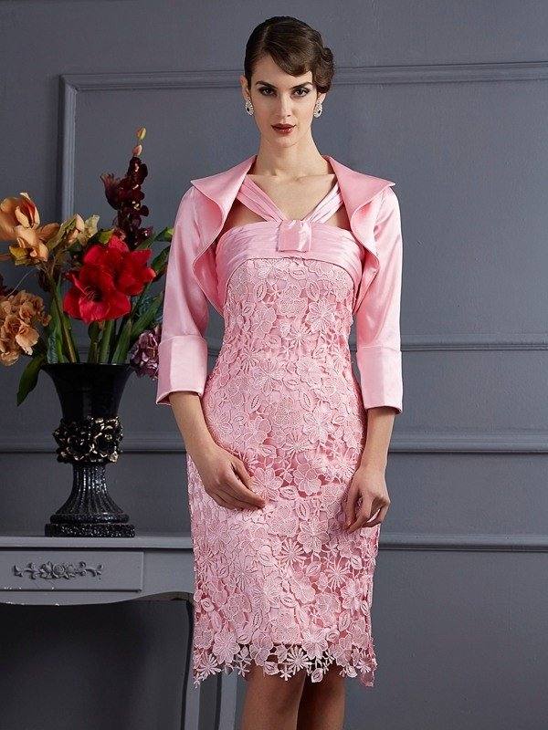 Sheath/Column Halter Sleeveless Lace Short Elastic Woven Satin Mother of the Bride Dresses - RongMoon