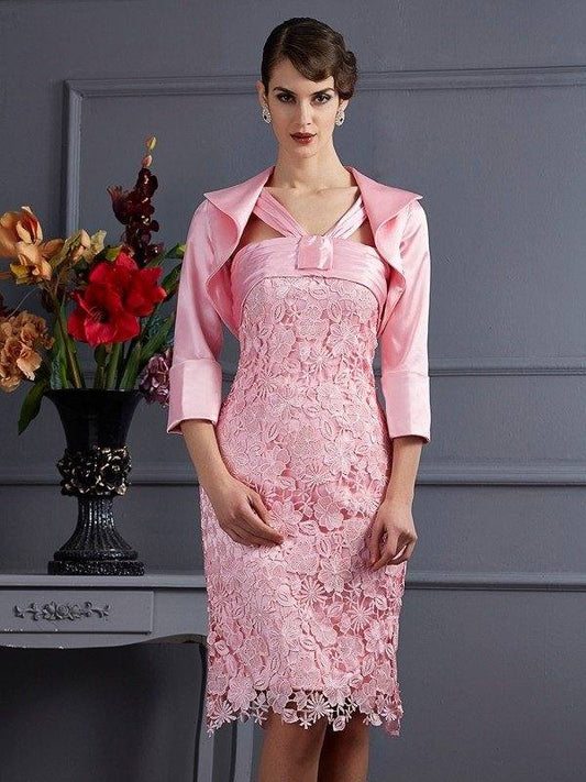Sheath/Column Halter Sleeveless Lace Short Elastic Woven Satin Mother of the Bride Dresses - RongMoon