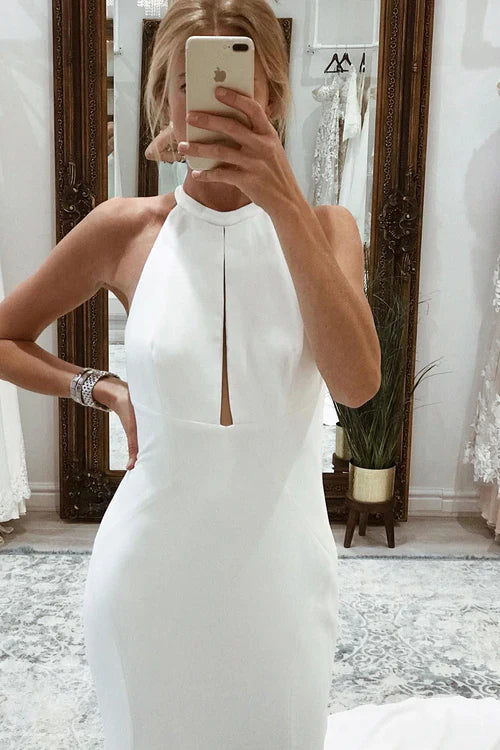 Aimishang Elegant Simple White Halter Open Back Long Wedding Dress