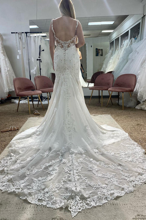 Aimishang Elegant White Deep V-Neck Mermaid Long Wedding Dress with Appliques