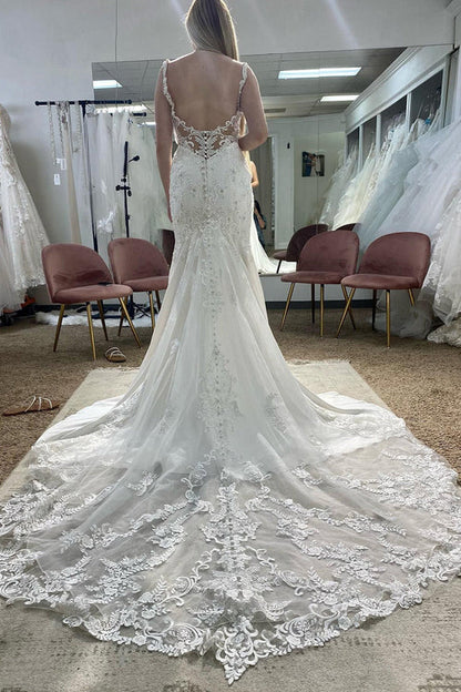 Aimishang Elegant White Deep V-Neck Mermaid Long Wedding Dress with Appliques