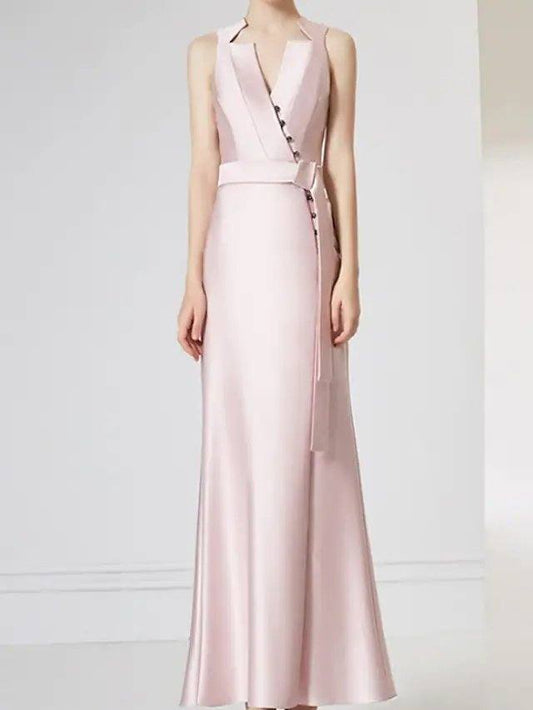 Sheath / Column Mother of the Bride Dress Elegant V Neck Floor Length Satin Sleeveless with Pleats - RongMoon