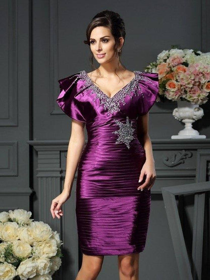 Sheath/Column V-neck Beading Sleeveless Short Elastic Woven Satin Mother of the Bride Dresses - RongMoon