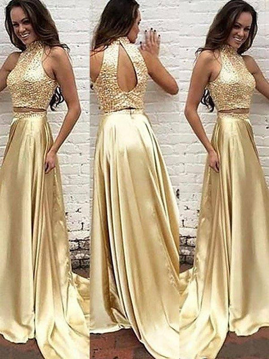 A-Line/Princess High Neck Sleeveless Satin Sweep/Brush Train Beading Two Piece Dresses - RongMoon