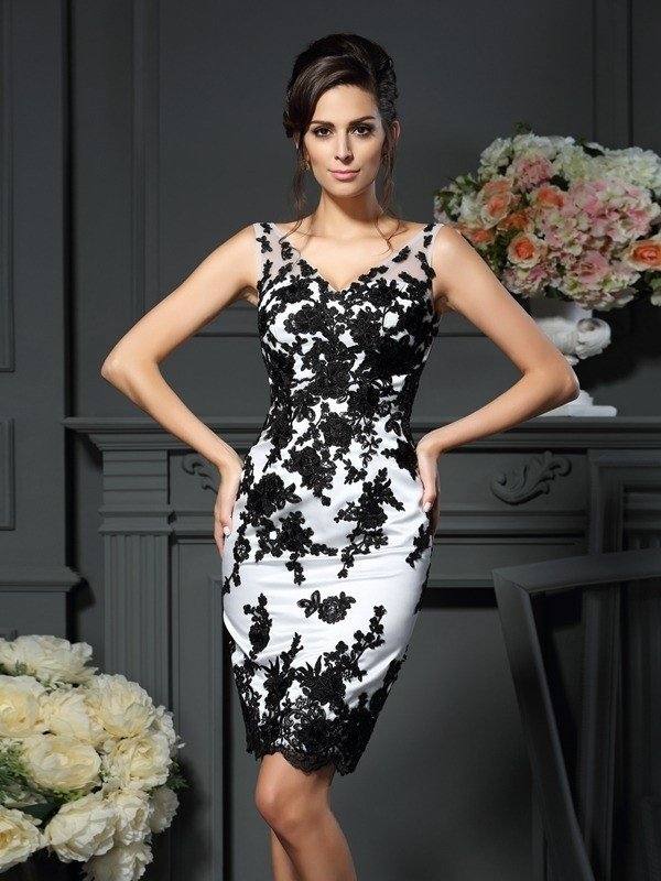 Sheath/Column V-neck Applique Sleeveless Short Satin Mother of the Bride Dresses - RongMoon