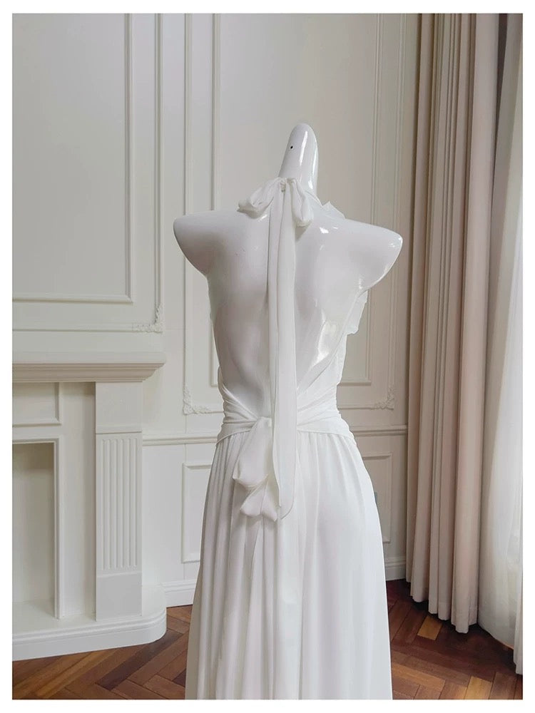 Elegant A line Halter White Sleeveless Chiffon Long Evening Party Gowns Evening Formal Dresses Prom Dress W885