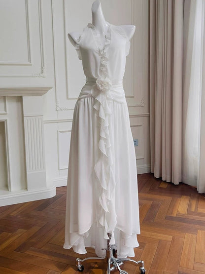 Elegant A line Halter White Sleeveless Chiffon Long Evening Party Gowns Evening Formal Dresses Prom Dress W885