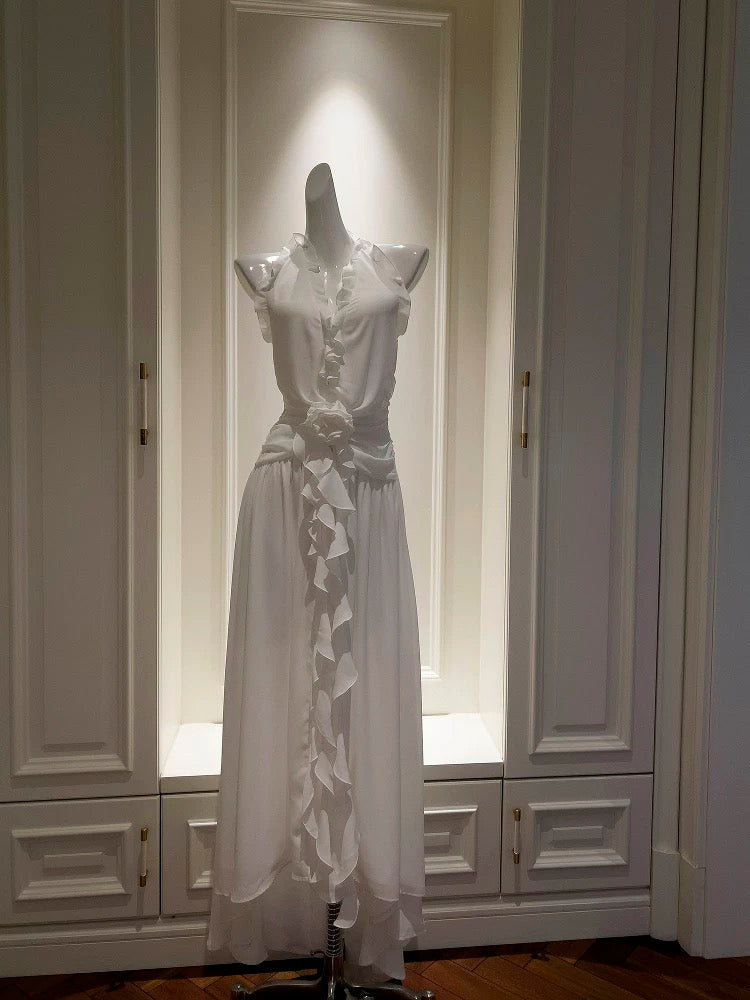 Elegant A line Halter White Sleeveless Chiffon Long Evening Party Gowns Evening Formal Dresses Prom Dress W885