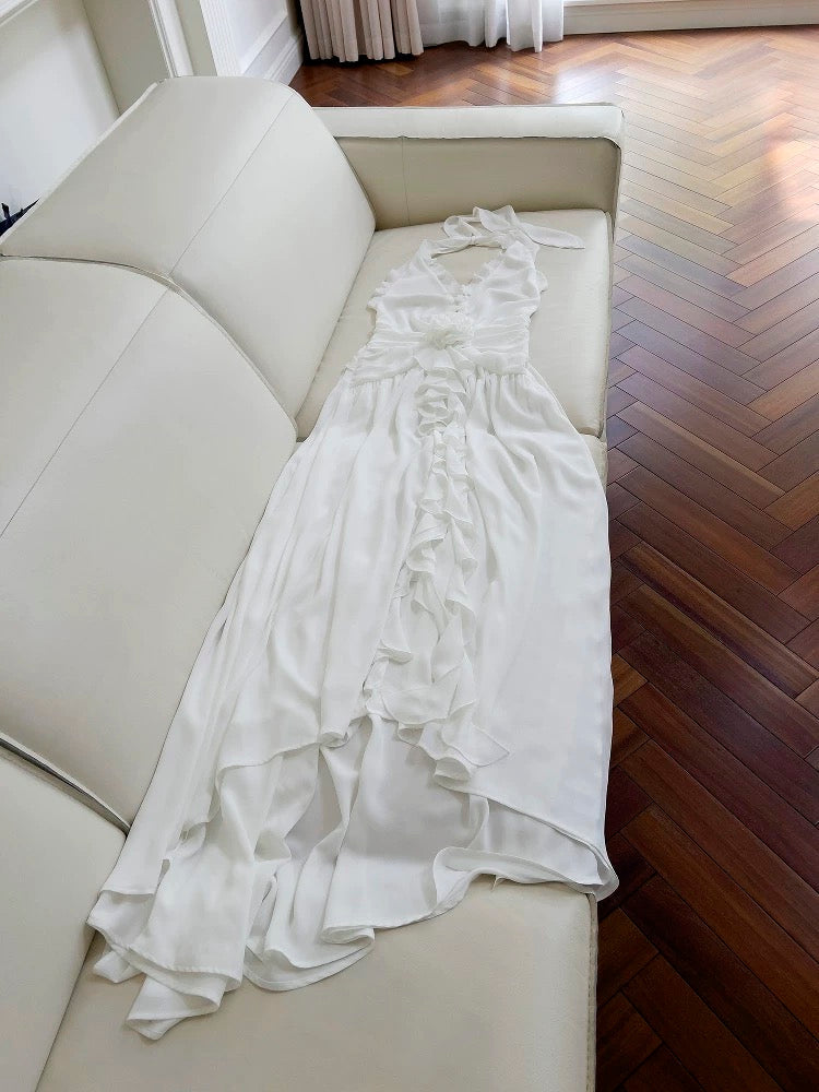 Elegant A line Halter White Sleeveless Chiffon Long Evening Party Gowns Evening Formal Dresses Prom Dress W885