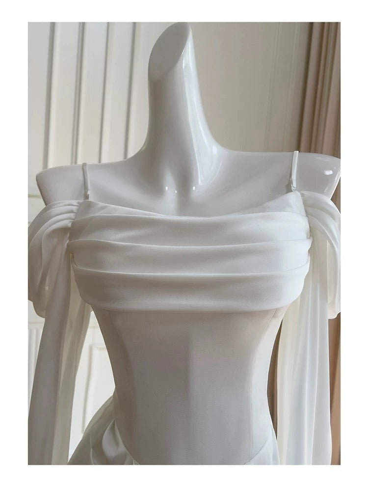 Elegant A line Spaghetti Straps Sleeveless White Chiffon Long Evening Party Gowns Evening Formal Dresses Prom Dress W887