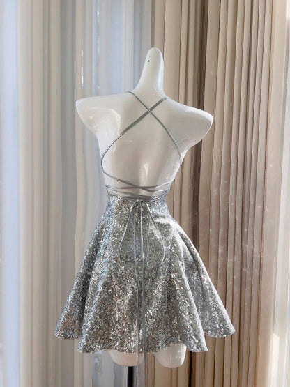 Pretty A line Halter Silver Sequin Summer 16th Birthday Dresses For Teens Hoco Dress Mini 18th Birthday Outfit Cocktail Dresses For Women W899