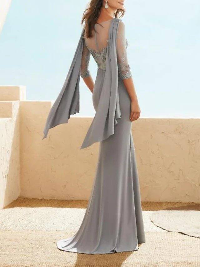 Sheath / Column Mother of the Bride Dress Elegant Jewel Neck Floor Length Chiffon Lace Half Sleeve with Appliques Ruching - RongMoon