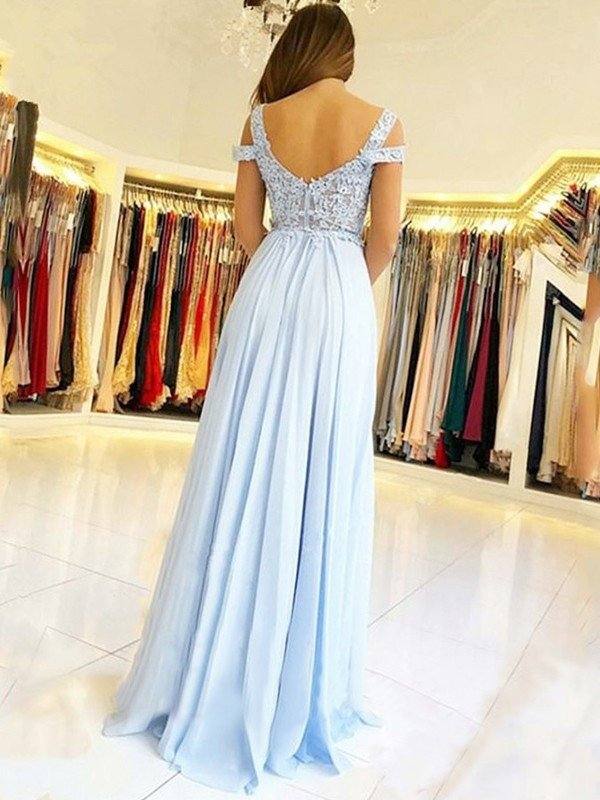 A-Line/Princess Sleeveless Off-the-Shoulder Floor-Length Applique Chiffon Dresses - RongMoon