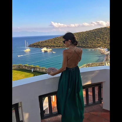 simple A-line dark green boho long party dress C968