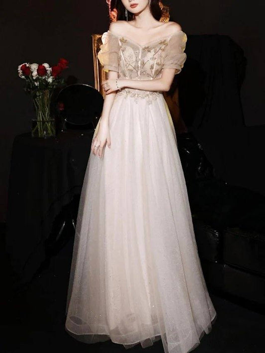 A-Line Luxurious Princess Engagement Prom Dress Off Shoulder Short Sleeve Floor Length Tulle with Appliques - RongMoon