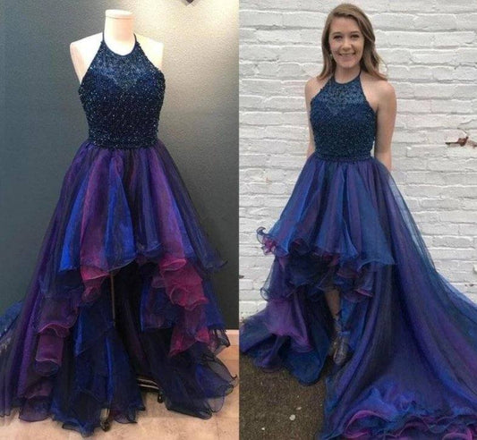 Hi Low Robe De Soiree Ball Gown Halter Organza Pearls Ruffles Sexy Long Prom Dresses Prom Gown Evening Dresses - RongMoon