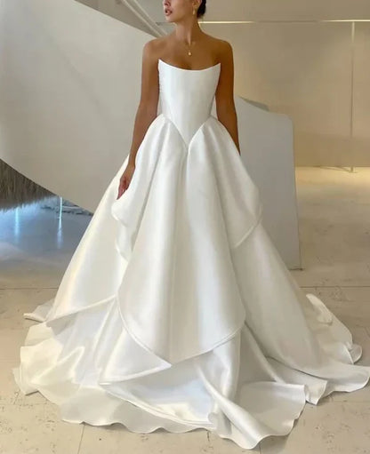 Girlhomeshops-White satin off-the-shoulder long floor-length wedding dress prom dress gh5394