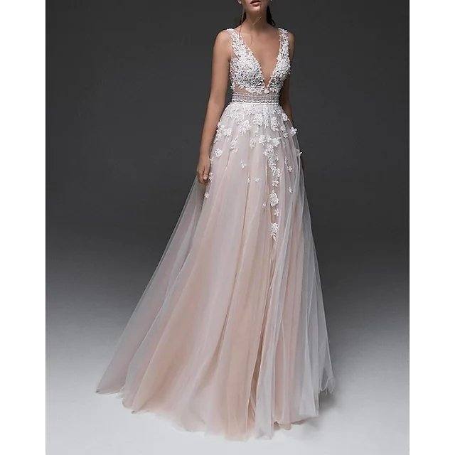 A-Line Wedding Dresses V Neck Floor Length Lace Tulle Sleeveless Country with Appliques - RongMoon