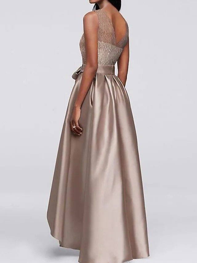 A-Line Mother of the Bride Dress Elegant Jewel Neck Asymmetrical Satin Sleeveless with Bow(s) - RongMoon