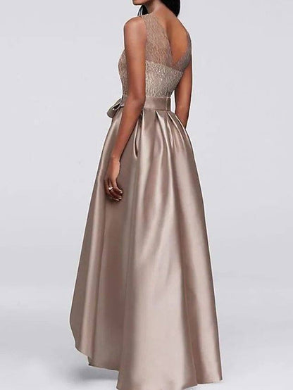 A-Line Mother of the Bride Dress Elegant Jewel Neck Asymmetrical Satin Sleeveless with Bow(s) - RongMoon