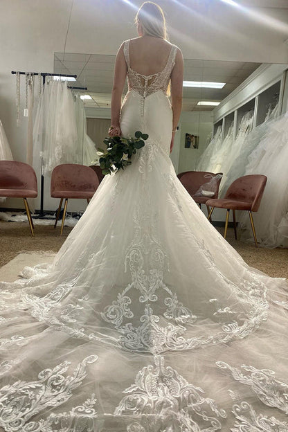 Aimishang Elegant Deep V-Neck Mermaid White Long Wedding Dress with Lace